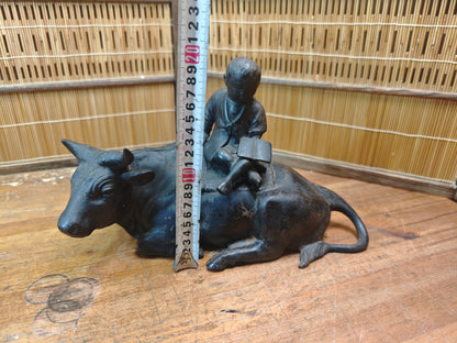 Japanese Antique Iron Okimono Boy Riding Ox Zen Sculpture Cast Iron