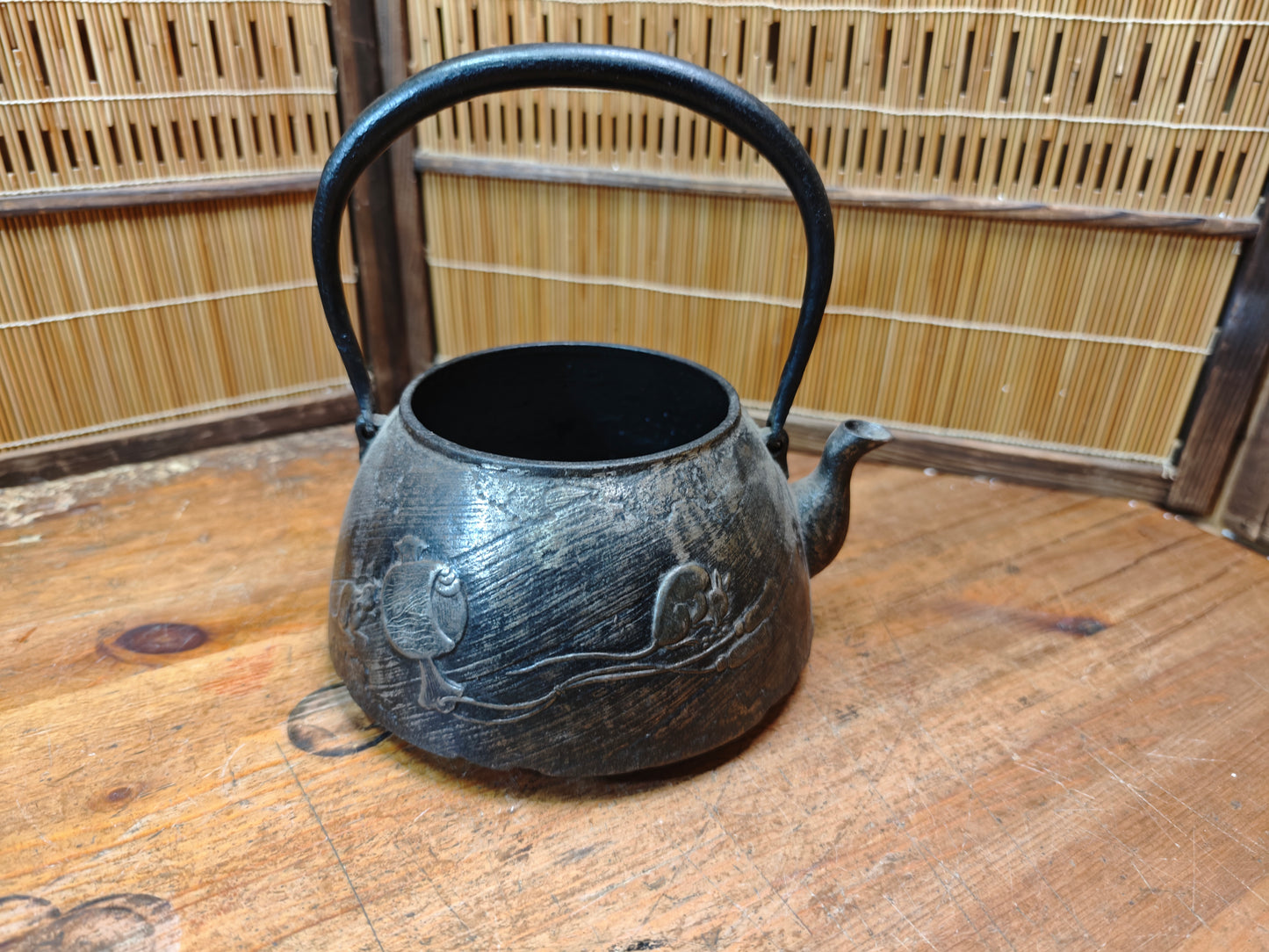 Antique Japanese Nambu Tetsubin Cast Iron Kettle Mouse Motif Signed Rare