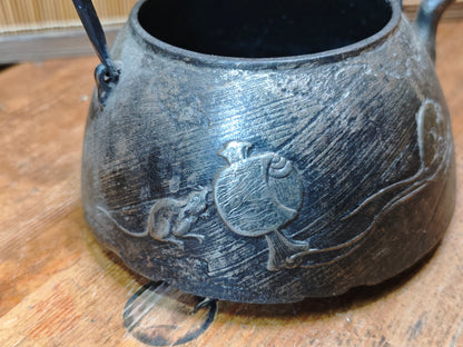 Antique Japanese Nambu Tetsubin Cast Iron Kettle Mouse Motif Signed Rare
