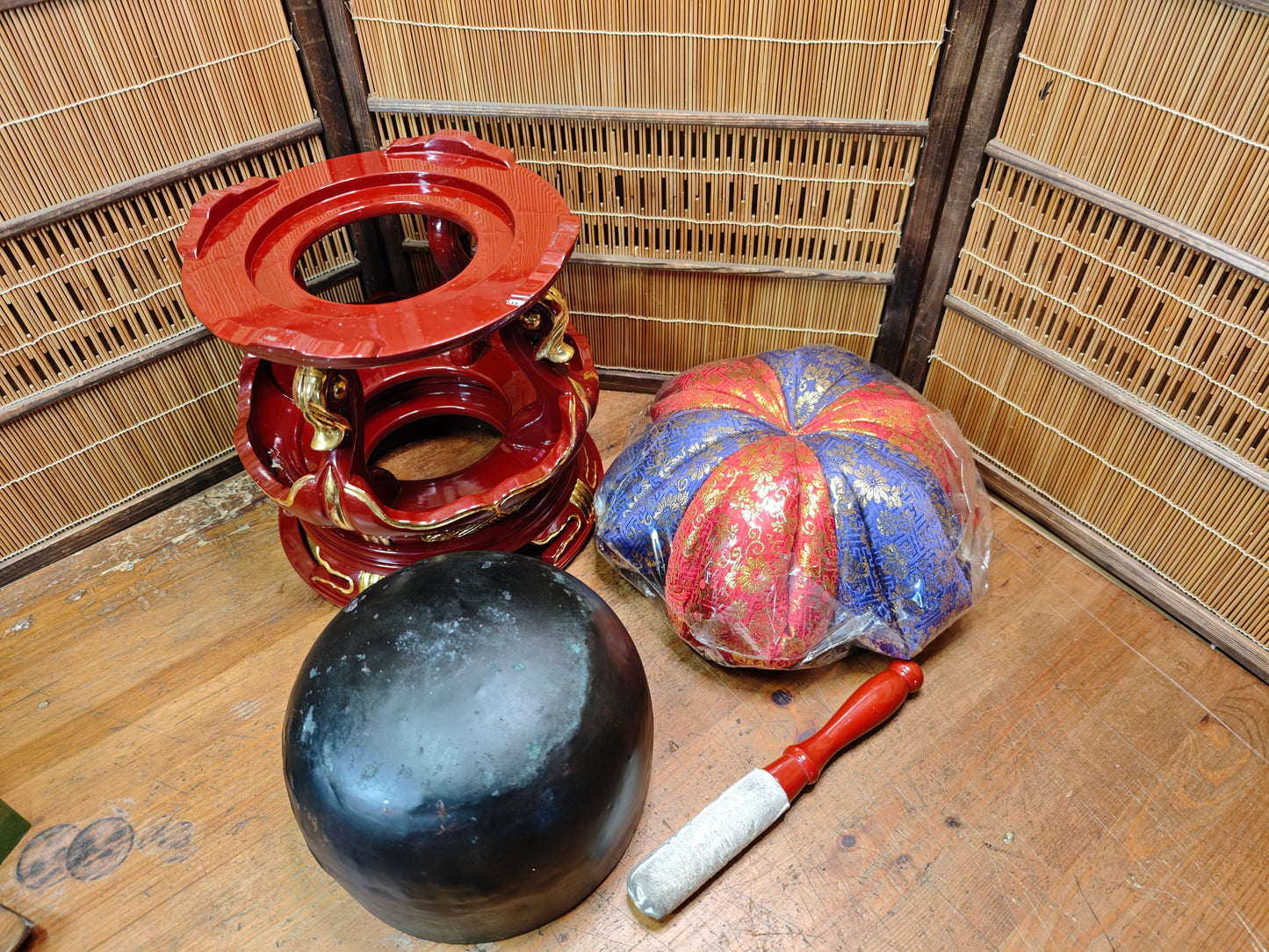 Antique Japanese Rin Bell 8" Bronze Singing Bowl with Temple Stand 1900s