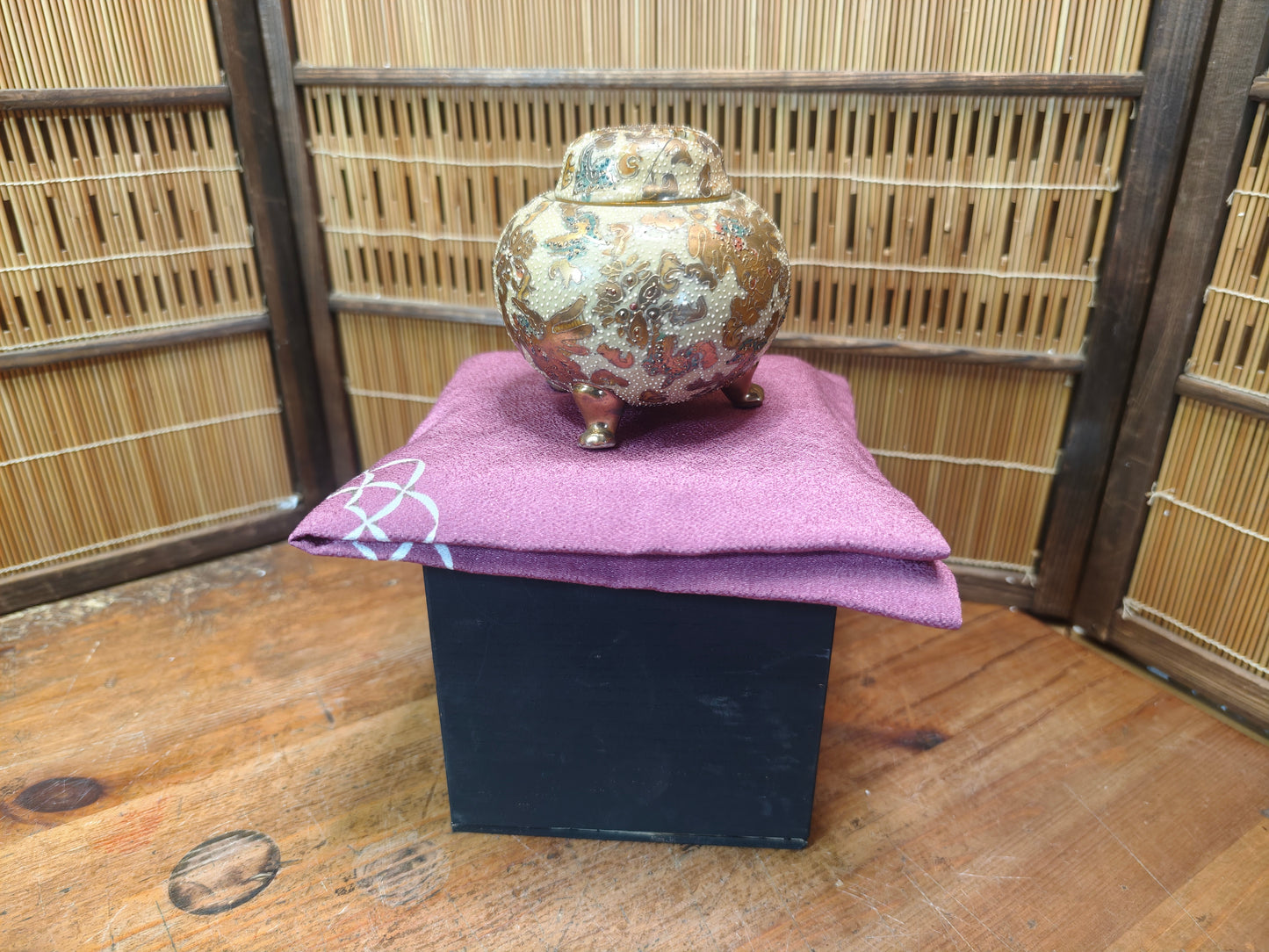 Antique Japanese Satsuma Koro Incense Burner 1800s Meiji Ceramic w Box