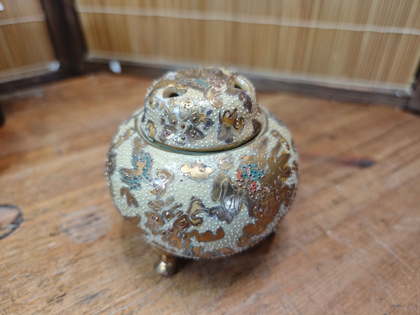 Antique Japanese Satsuma Koro Incense Burner 1800s Meiji Ceramic w Box