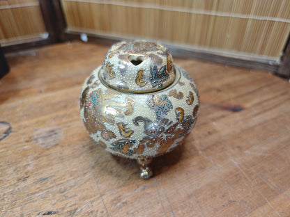 Antique Japanese Satsuma Koro Incense Burner 1800s Meiji Ceramic w Box