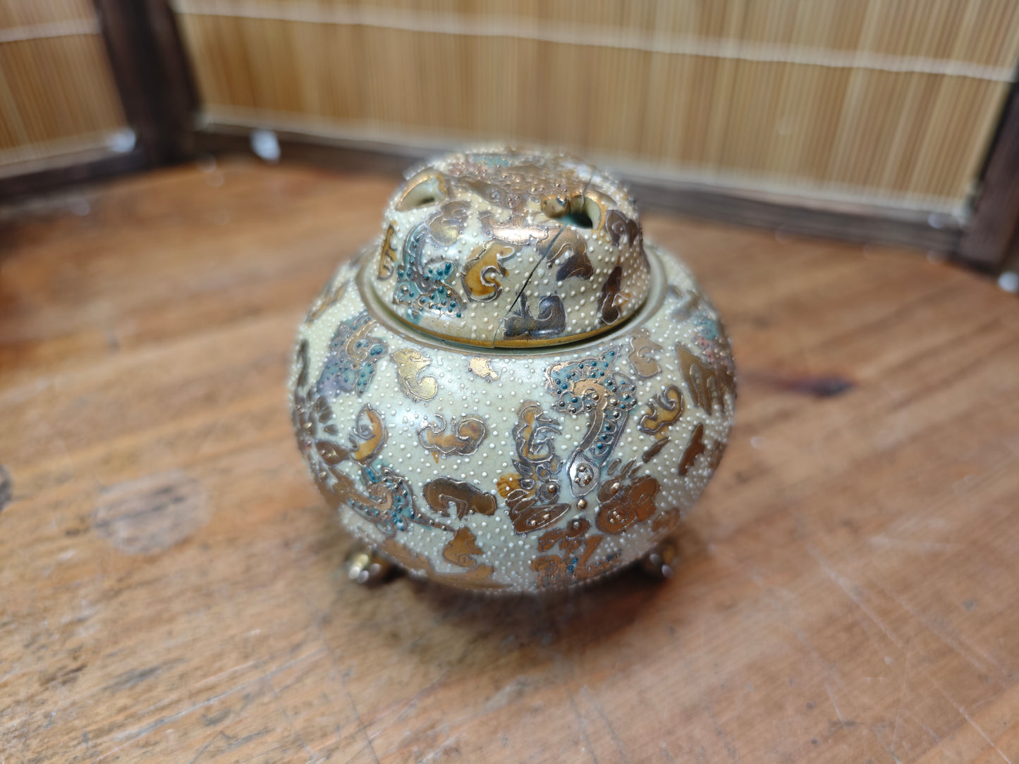 Antique Japanese Satsuma Koro Incense Burner 1800s Meiji Ceramic w Box