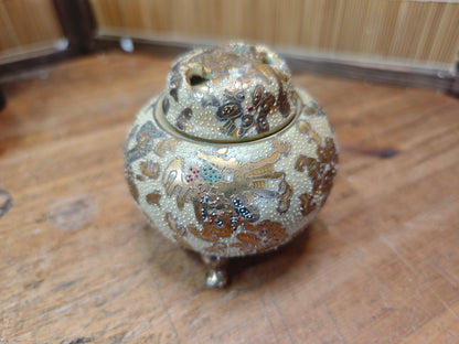 Antique Japanese Satsuma Koro Incense Burner 1800s Meiji Ceramic w Box
