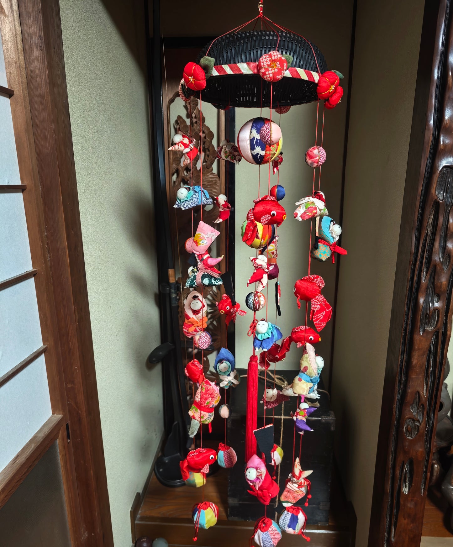 Antique Kimono Silk Tsurushi Bina Mobile 1920s-40s Fabric Handmade Art