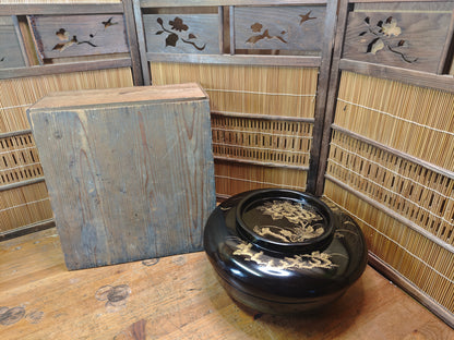 Antique Wajima Nuri Lacquer Bowl 1900s Gold Maki-e Peony Signed Box