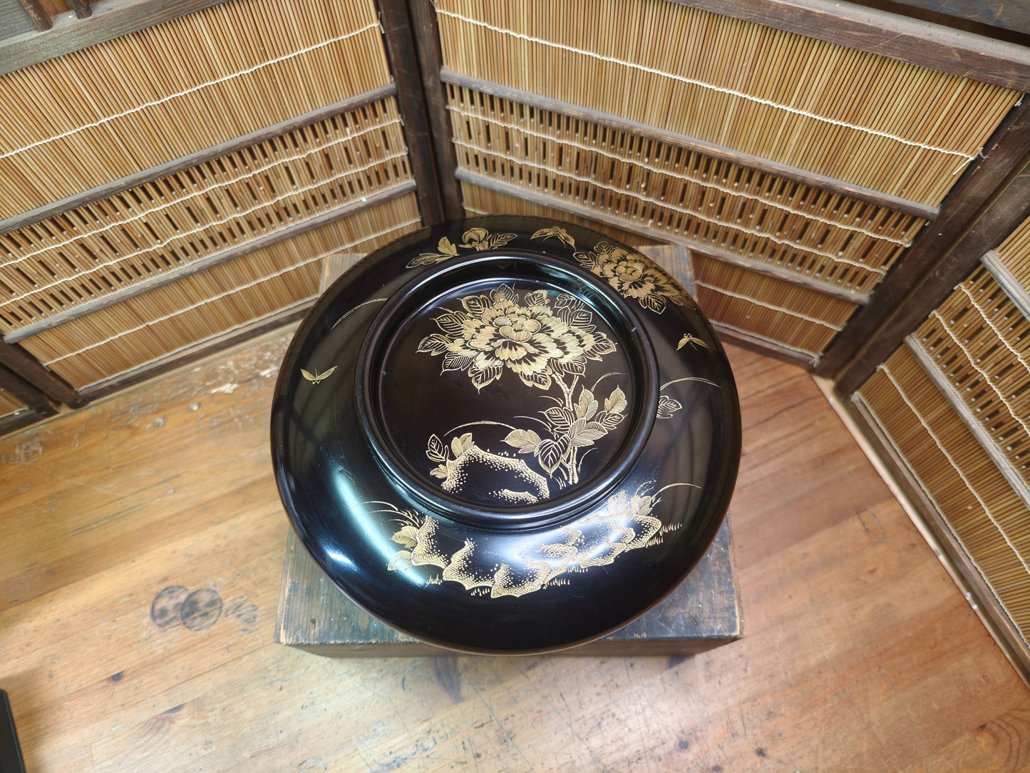 Antique Wajima Nuri Lacquer Bowl 1900s Gold Maki-e Peony Signed Box