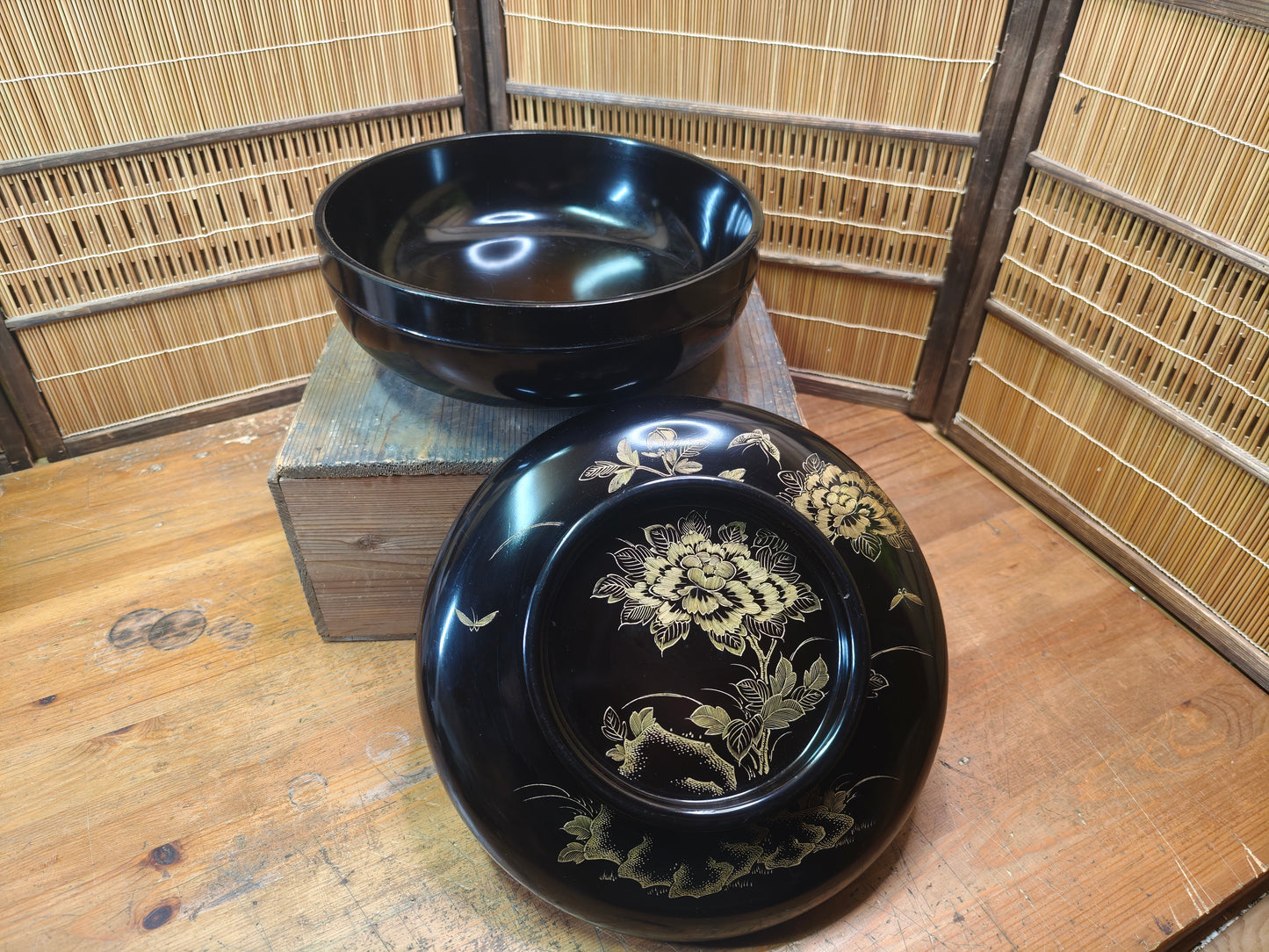 Antique Wajima Nuri Lacquer Bowl 1900s Gold Maki-e Peony Signed Box