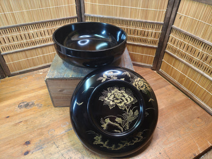 Antique Wajima Nuri Lacquer Bowl 1900s Gold Maki-e Peony Signed Box