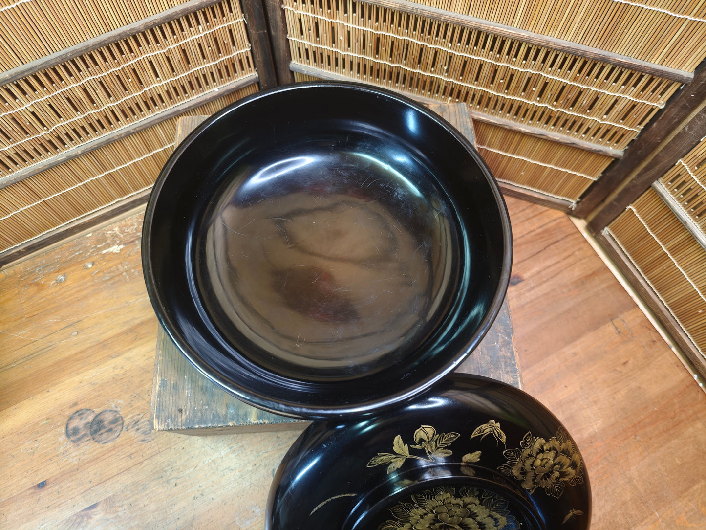 Antique Wajima Nuri Lacquer Bowl 1900s Gold Maki-e Peony Signed Box