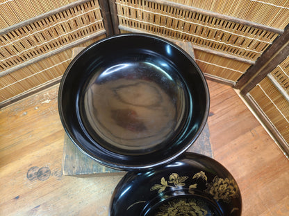 Antique Wajima Nuri Lacquer Bowl 1900s Gold Maki-e Peony Signed Box