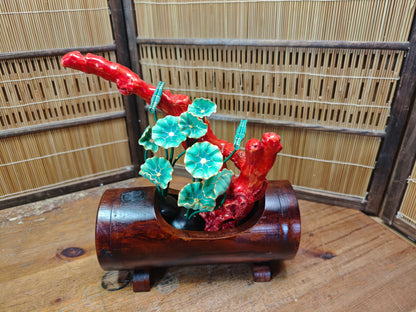Authentic 1950s Japanese Yama Sango Coral w/ Bamboo Kadai Vase Signed