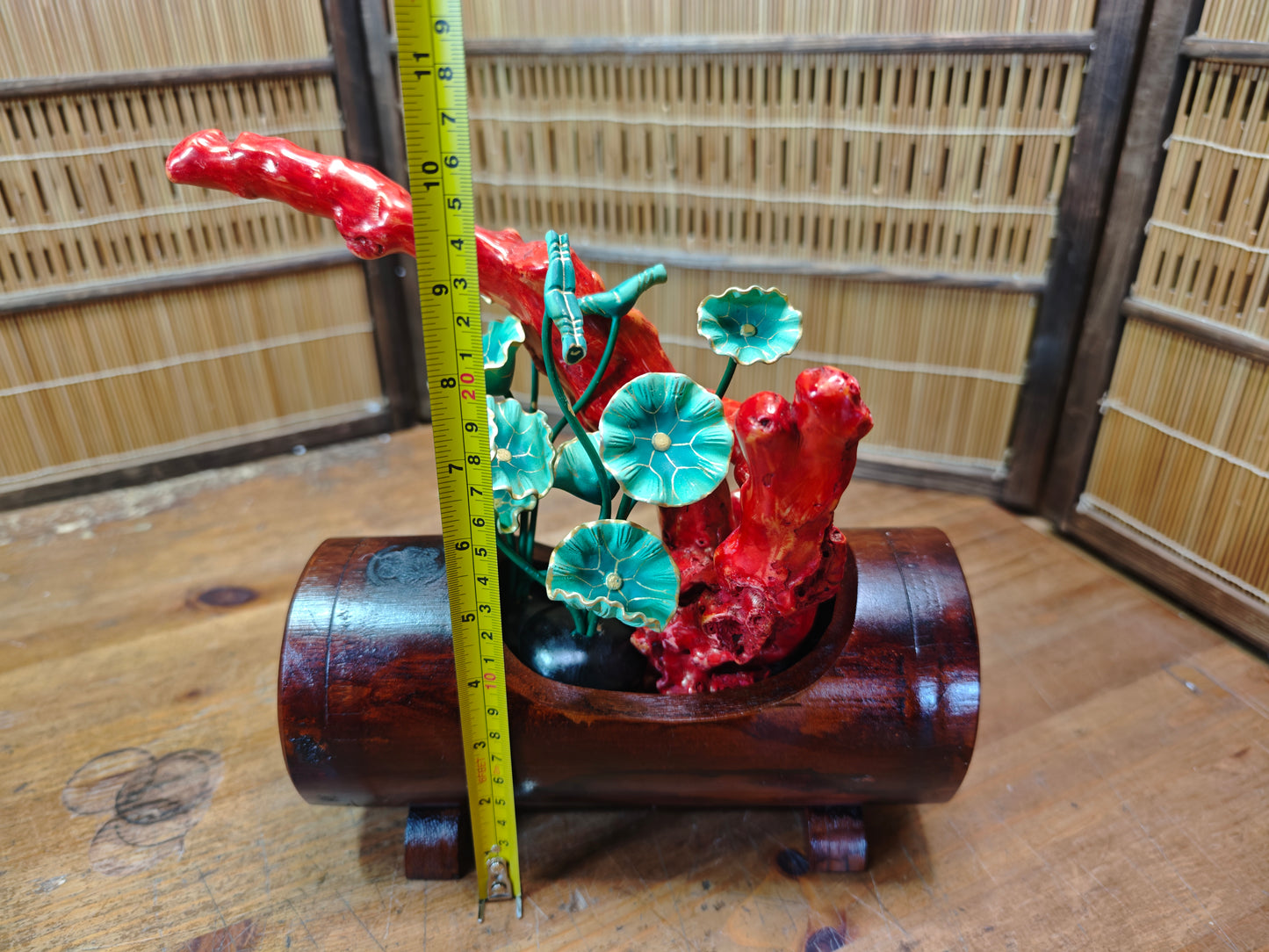 Authentic 1950s Japanese Yama Sango Coral w/ Bamboo Kadai Vase Signed