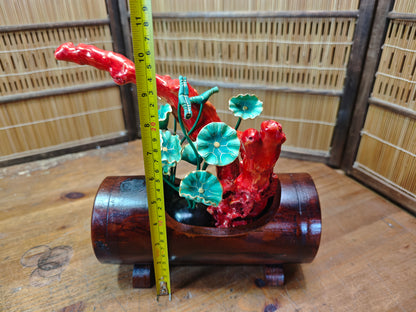Authentic 1950s Japanese Yama Sango Coral w/ Bamboo Kadai Vase Signed