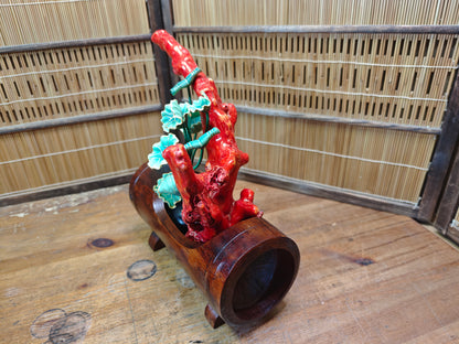 Authentic 1950s Japanese Yama Sango Coral w/ Bamboo Kadai Vase Signed