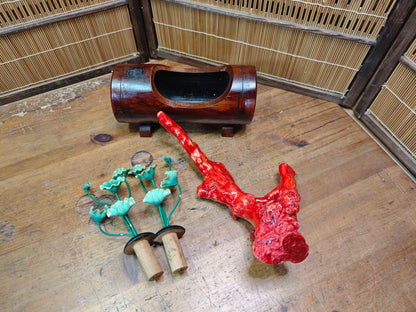 Authentic 1950s Japanese Yama Sango Coral w/ Bamboo Kadai Vase Signed