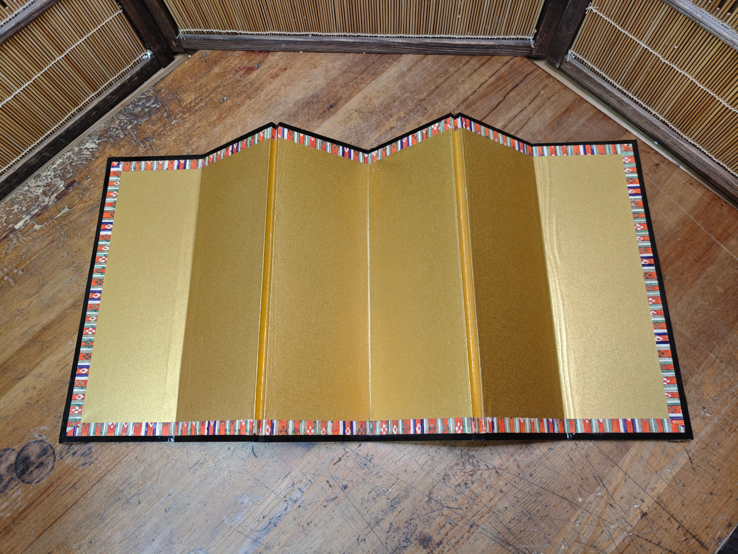 1970s Japanese Byobu Folding Screen Gold 6 Panel Original Box Decor