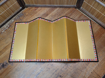 1970s Japanese Byobu Folding Screen Gold 6 Panel Original Box Decor
