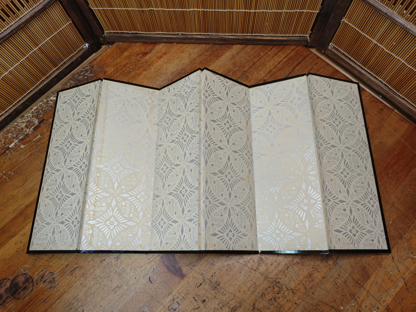 1970s Japanese Byobu Folding Screen Gold 6 Panel Original Box Decor