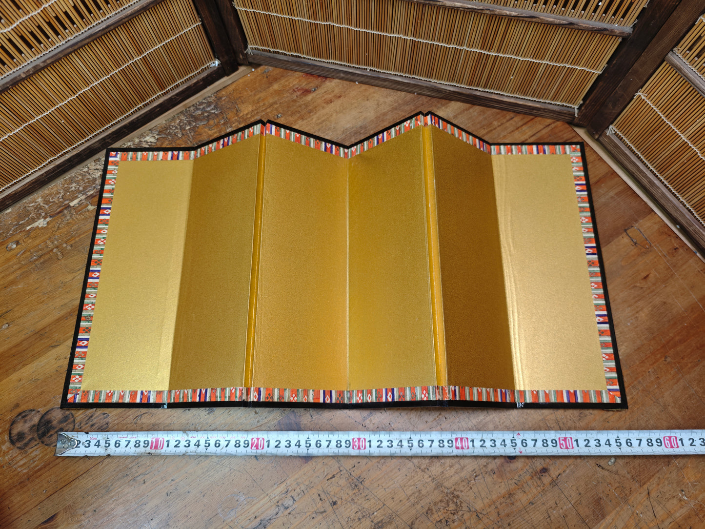 1970s Japanese Byobu Folding Screen Gold 6 Panel Original Box Decor
