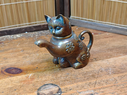 Authentic Meiji Bronze Cat Soy Sauce Dispenser Antique Japan 1900s