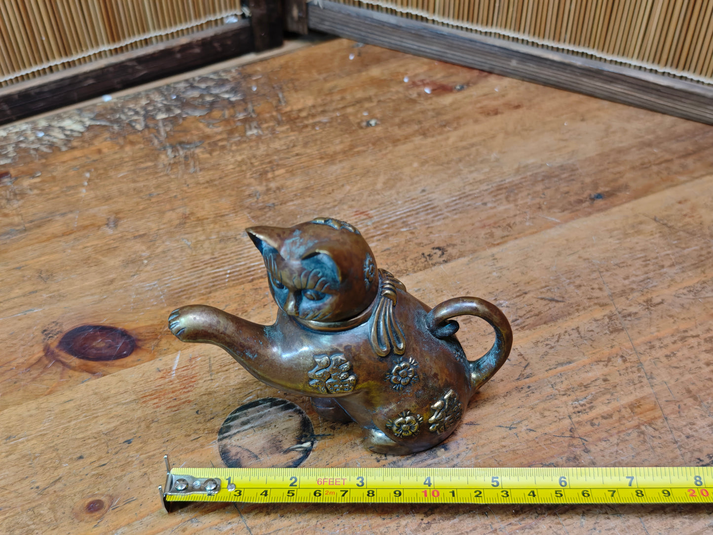 Authentic Meiji Bronze Cat Soy Sauce Dispenser Antique Japan 1900s