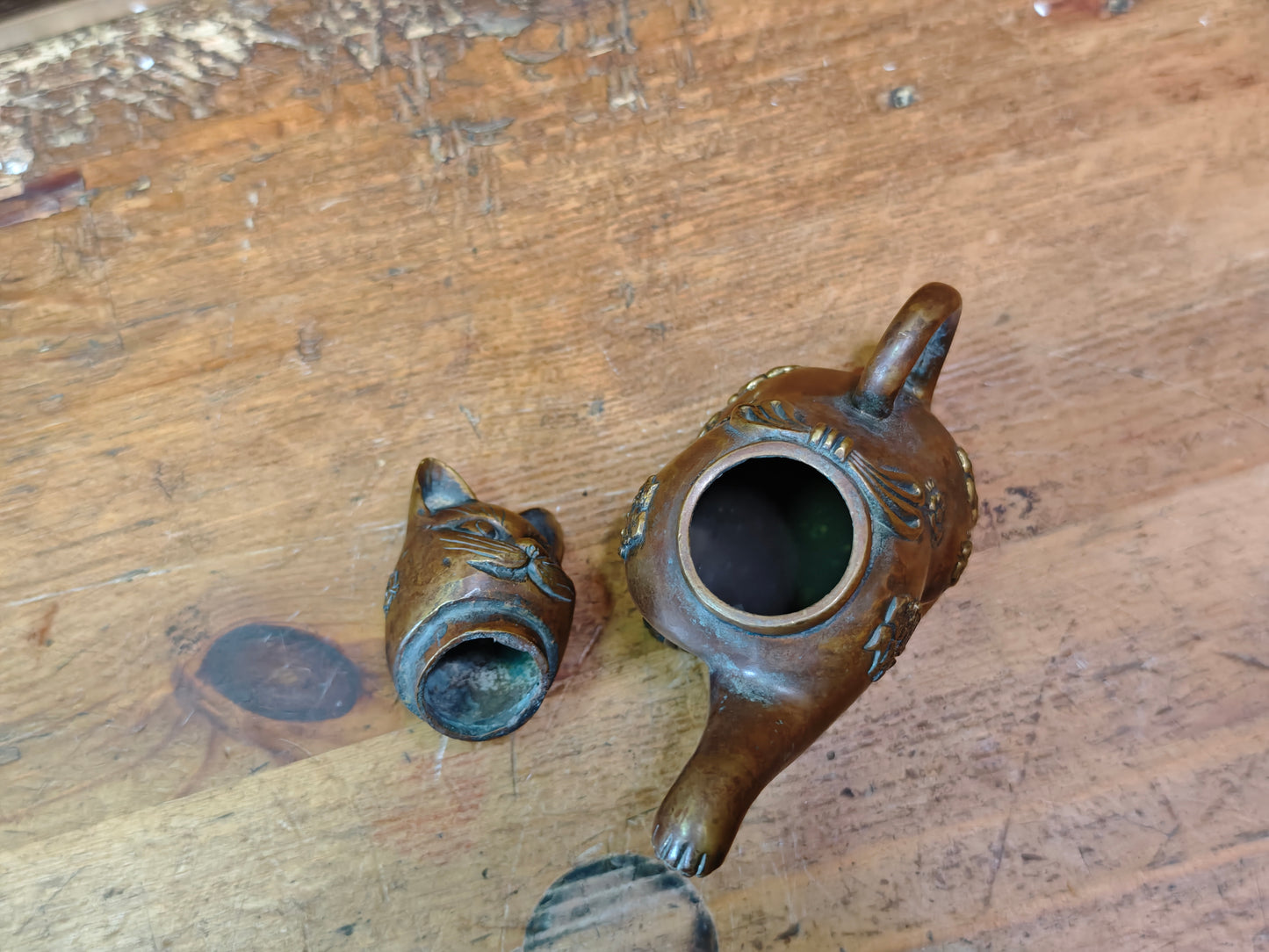 Authentic Meiji Bronze Cat Soy Sauce Dispenser Antique Japan 1900s