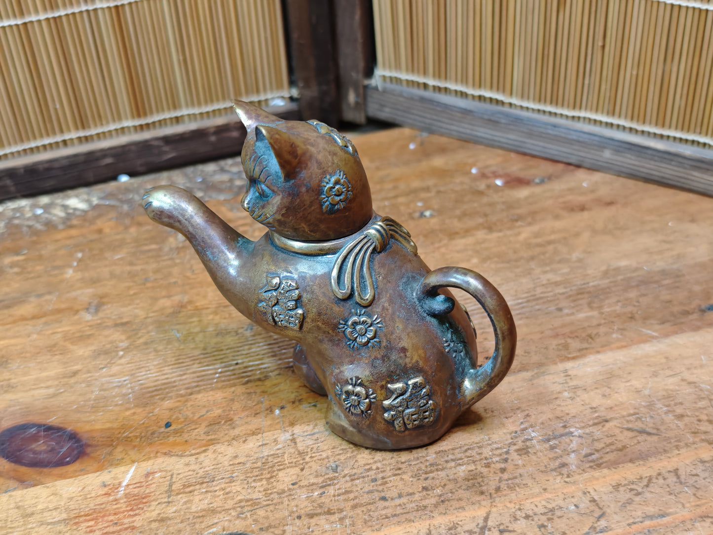 Authentic Meiji Bronze Cat Soy Sauce Dispenser Antique Japan 1900s