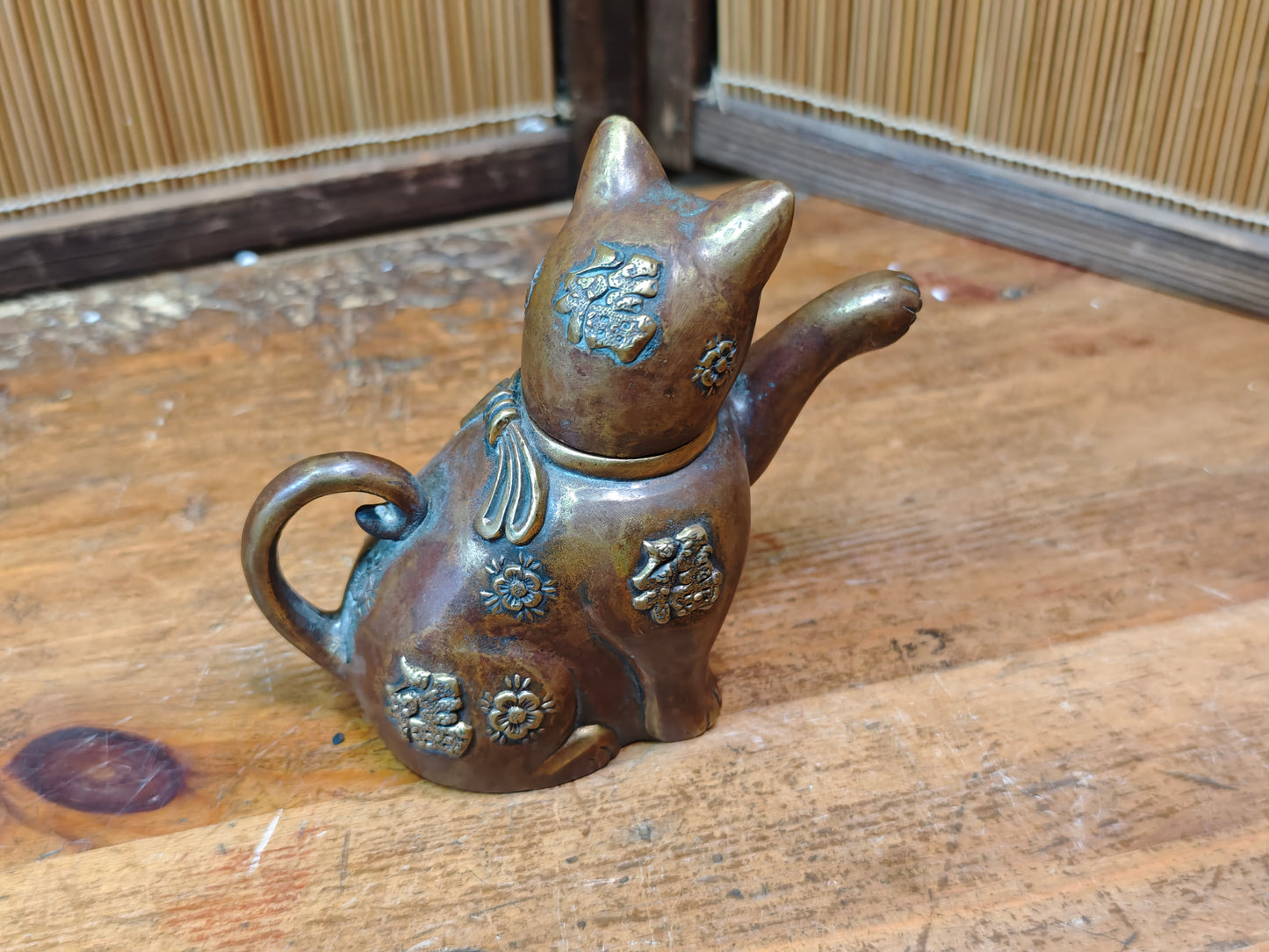 Authentic Meiji Bronze Cat Soy Sauce Dispenser Antique Japan 1900s