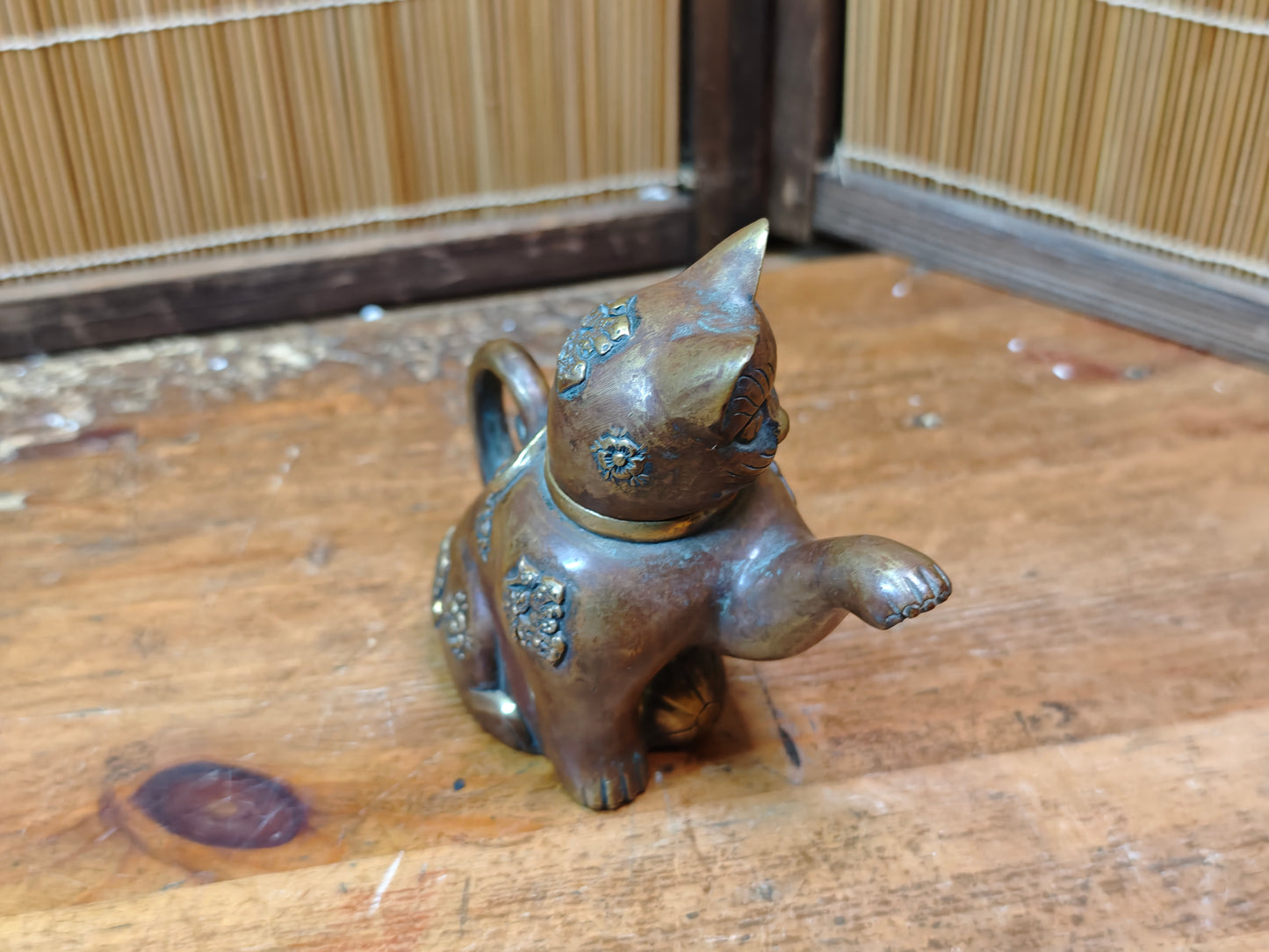 Authentic Meiji Bronze Cat Soy Sauce Dispenser Antique Japan 1900s