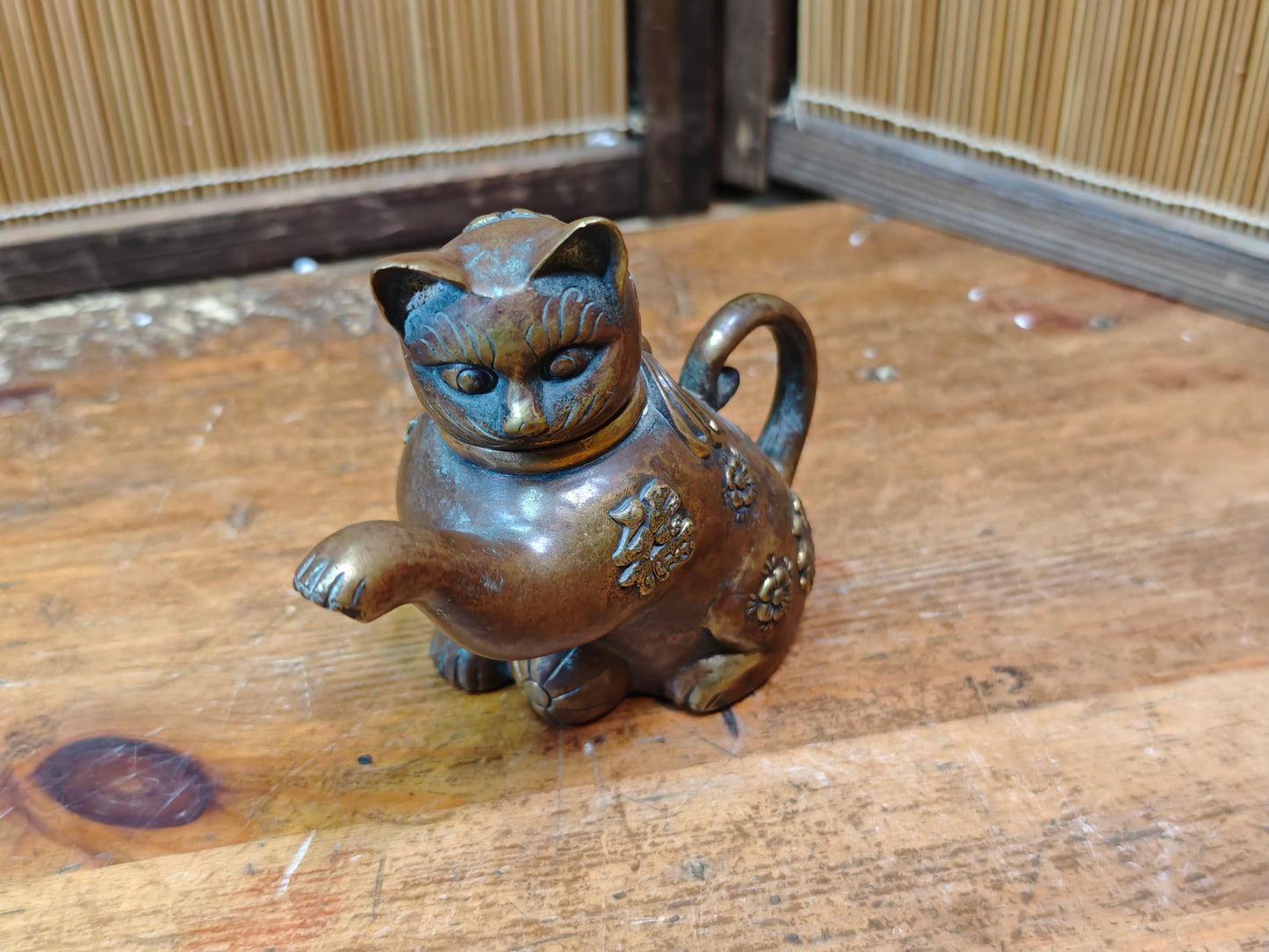 Authentic Meiji Bronze Cat Soy Sauce Dispenser Antique Japan 1900s