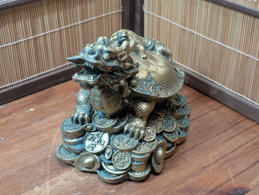 Vintage Dragon Turtle Brass Statue Feng Shui Wealth Figure Decor