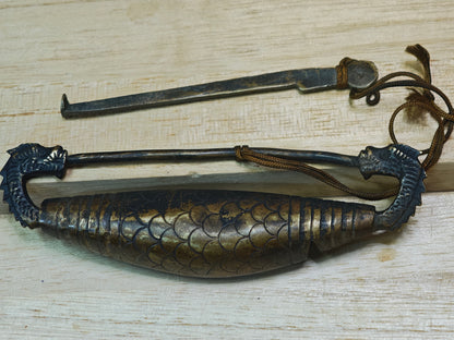 Rare Edo Japanese Dragon Fish Brass Lock 1800s Ryugyo Antique with Key
