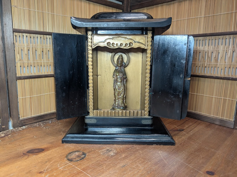 1800s Japanese Lacquered Home Shrine Altar with Brass Buddha Antique Japan