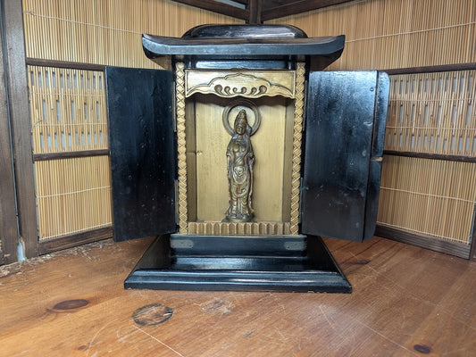 1800s Japanese Lacquered Home Shrine Altar with Brass Buddha Antique Japan
