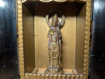 1800s Japanese Lacquered Home Shrine Altar with Brass Buddha Antique Japan