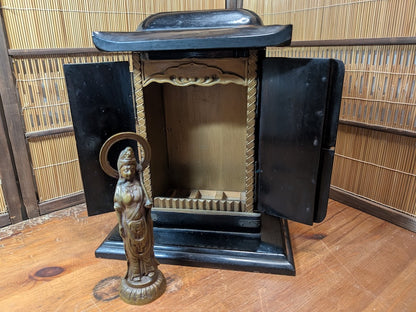 1800s Japanese Lacquered Home Shrine Altar with Brass Buddha Antique Japan