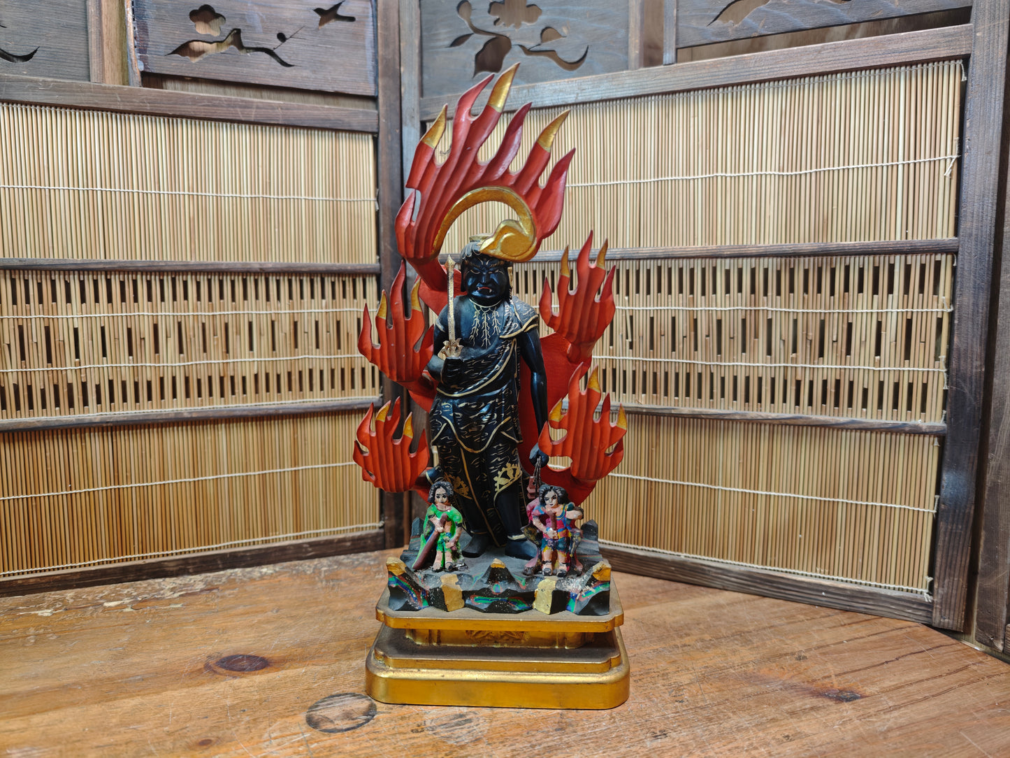 1800s Extremely Rare Japanese Fudo Myoo Wooden Statue 24K Gold Base 30cm+