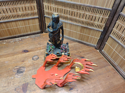 1800s Extremely Rare Japanese Fudo Myoo Wooden Statue 24K Gold Base 30cm+