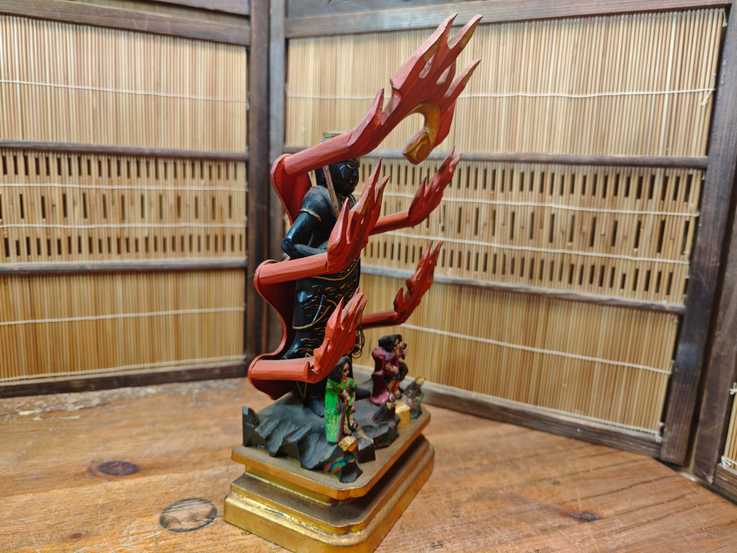 1800s Extremely Rare Japanese Fudo Myoo Wooden Statue 24K Gold Base 30cm+