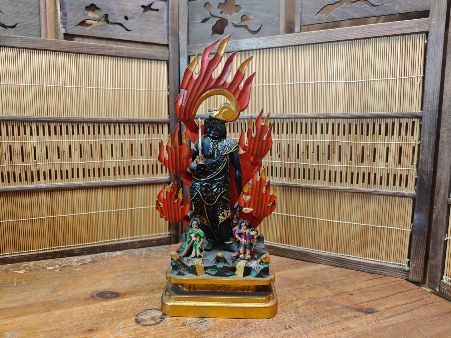 1800s Extremely Rare Japanese Fudo Myoo Wooden Statue 24K Gold Base 30cm+
