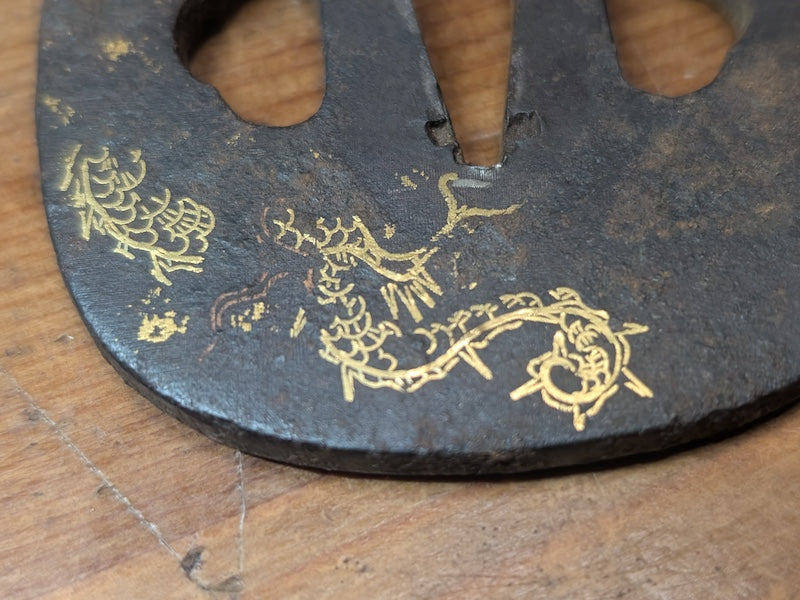 Antique Japanese  1800s Dragon Tsuba  Samurai Sword Guard Gold Inlay