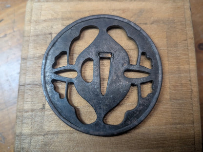 Antique Edo Period Sukashi Tsuba Iron Samurai Sword Guard 1800s Japan