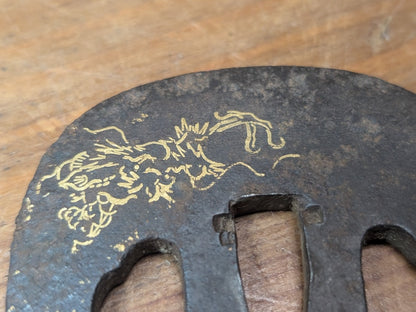 Antique Japanese  1800s Dragon Tsuba  Samurai Sword Guard Gold Inlay