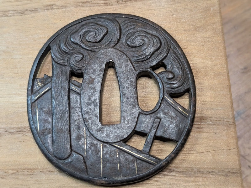 Rare Edo Period Samurai Tsuba 1800s Katana Sword Guard Gold Inlay Japan