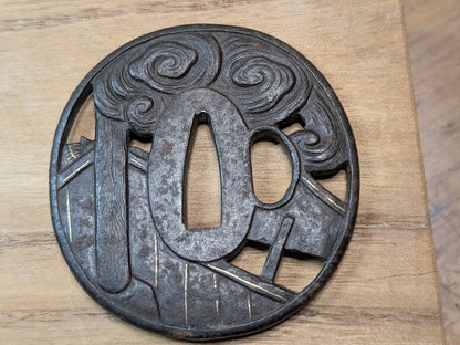 Rare Edo Period Samurai Tsuba 1800s Katana Sword Guard Gold Inlay Japan