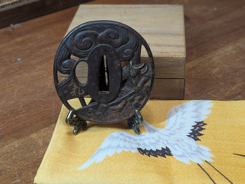 Rare Edo Period Samurai Tsuba 1800s Katana Sword Guard Gold Inlay Japan