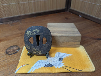 Antique Japanese  1800s Dragon Tsuba  Samurai Sword Guard Gold Inlay