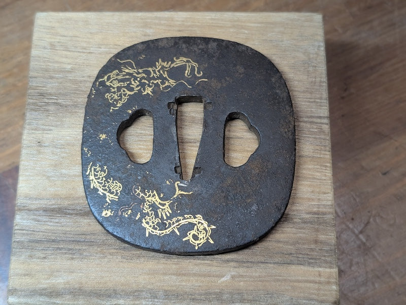 Antique Japanese  1800s Dragon Tsuba  Samurai Sword Guard Gold Inlay